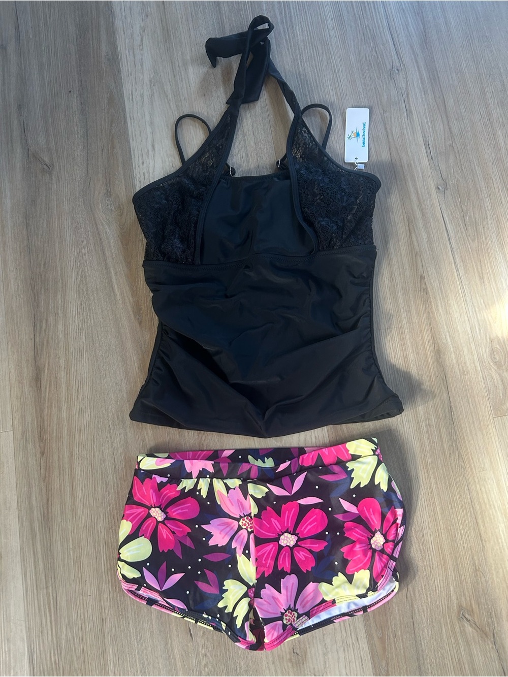 Black Lace Halter Swim Top with Pink Floral Swim Shorts